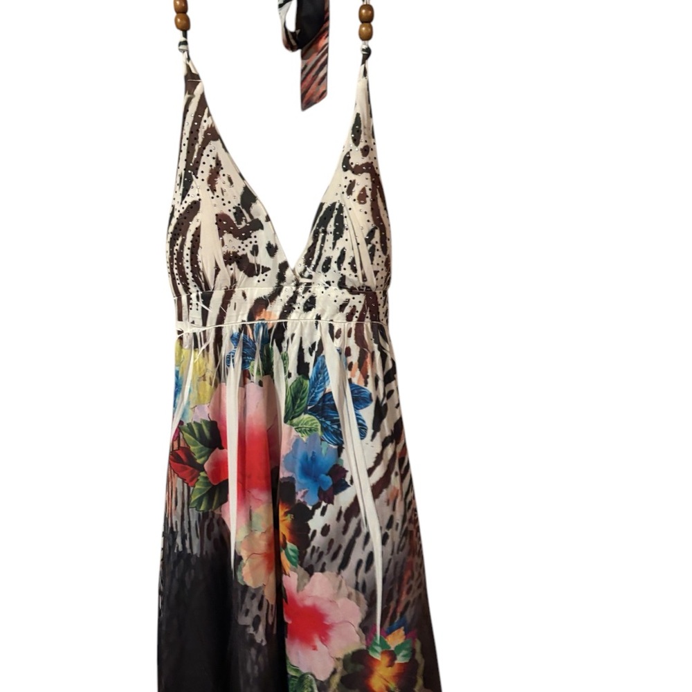 Backless Floral Halter Maxi Dress - White/Multi